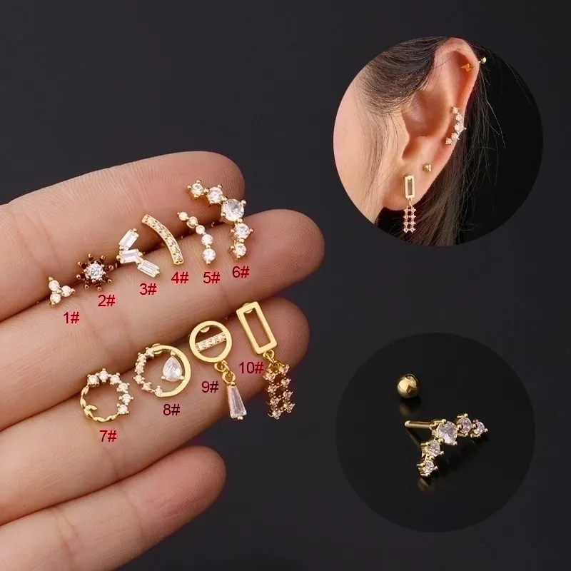 Stainless Steel Ear Cartilage Studs Copper Zircon Geometric Moon Star Piercing Jewelry Screw Ball Back Fashion Women