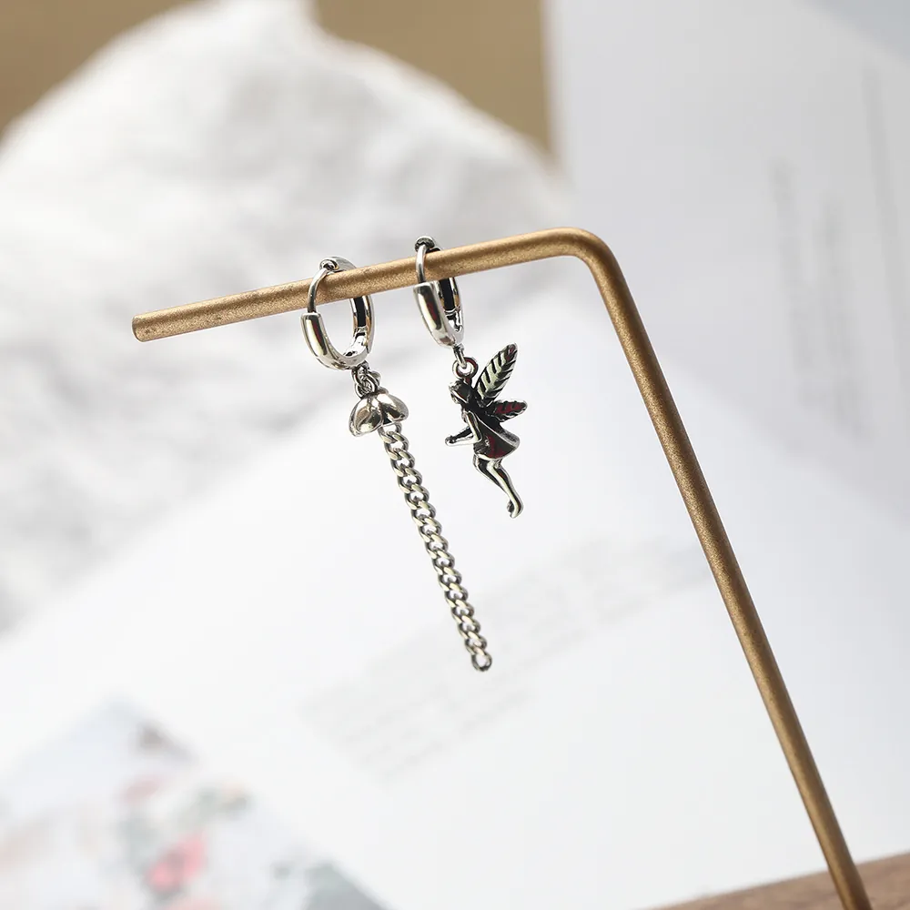 Vintage Asymmetrical Angel Pixie Copper Earrings For Women Retro Silver Chain Heart Tassel Drop Earrings Fashion Jewelry Gift