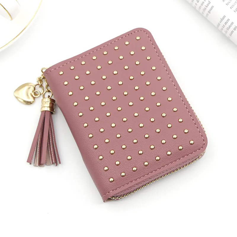 Petit Portefeuille Femme Cuir PU Rivet Frange Coeur Fermeture Éclair Porte-Monnaie Mode Élégant