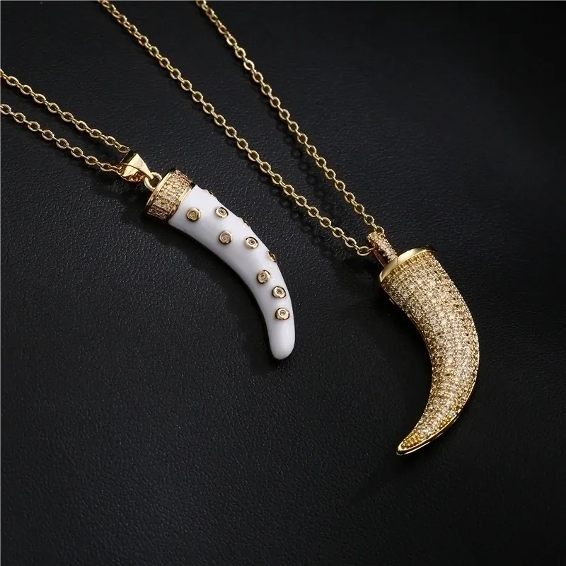 Collana Con Pendente Corno Italiano Rame Smalto Bianco Zirconia Cubica Gioielli Bohémien Portafortuna Per Donna