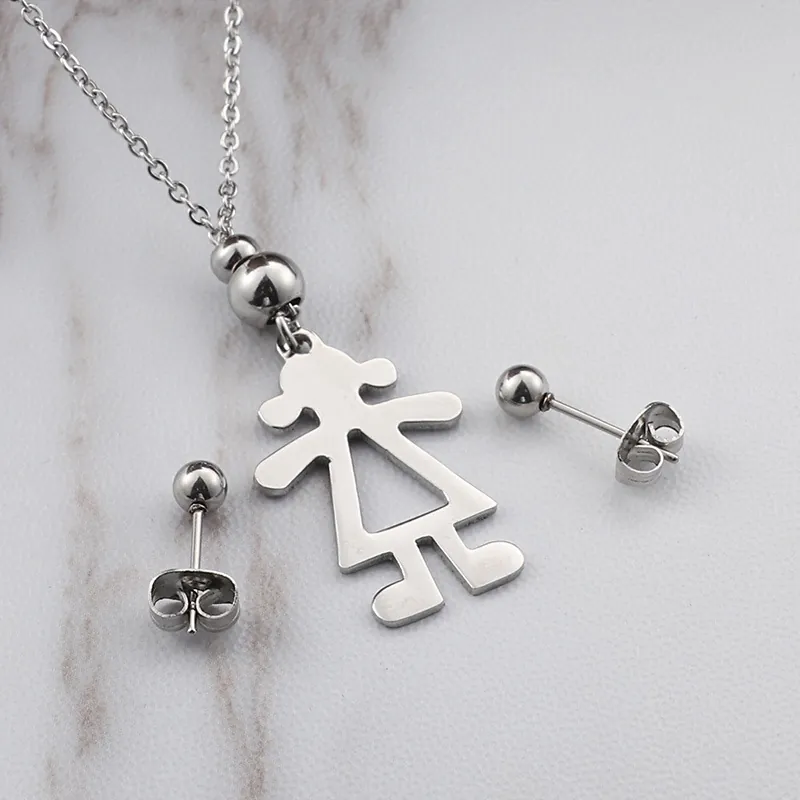 Collier Pendentif Silhouette De Fille Et Boucles D'oreilles Boule En Acier Inoxydable Bijoux Minimalistes Argentés Pour Femmes