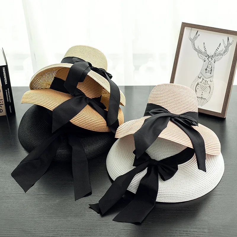 Women's Vintage Straw Sun Hat Wide Brim Beach Hat With Large Black Satin Ribbon Bow Adjustable Summer Straw Hat