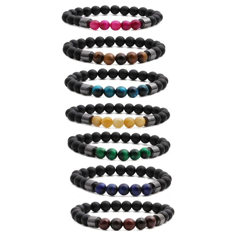 Bracciale Di Perline Pietra Occhio Di Tigre Agata Nera Opaca Distanziatore In Rame Fatto A Mano Elastico Gioielli Unisex