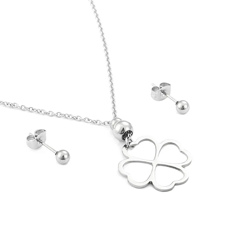 Ketting Met Holle Klaver Hanger En Oorknopjes Roestvrij Staal Minimalistische Koreaanse Stijl Elegante Accessoires Voor Dames