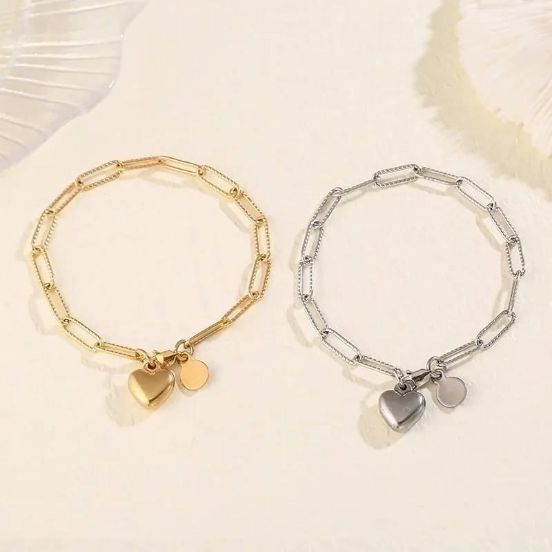 Heart Pendant Paperclip Chain Bracelet Necklace Stainless Steel Minimalist Elegant Fashion Jewelry For Women
