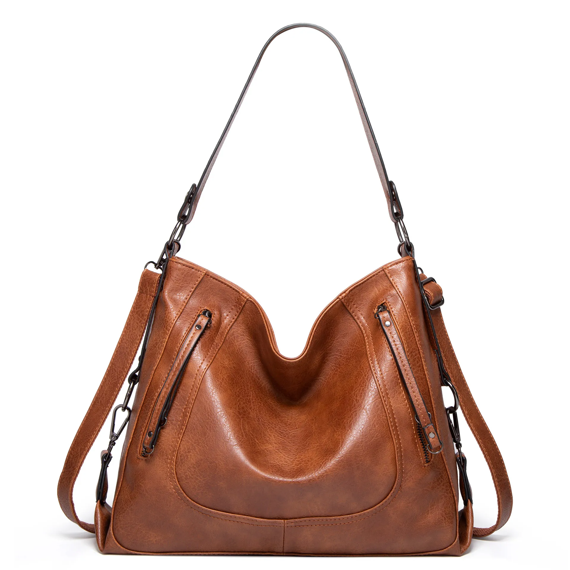 Vintage PU Leder Große Tragetasche Damen Retro Umhängetasche Mit Reißverschluss Dekor Verstellbarer Gurt Weiche Hobo Tasche