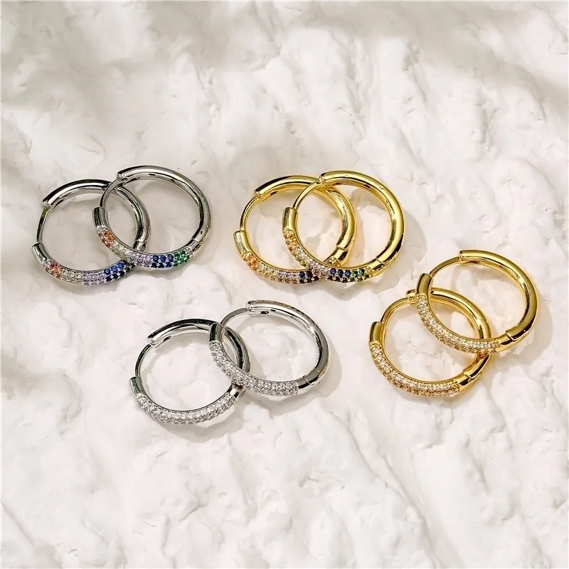 Hoop Earrings Brass AAA Cubic Zirconia Micro Pave Gold Plated Rainbow Round Huggie For Women