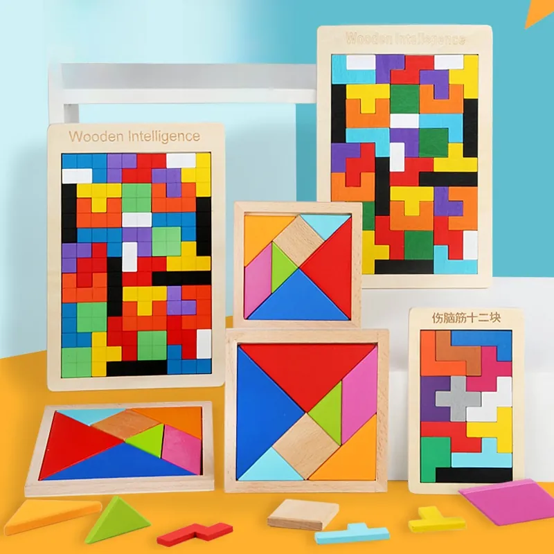 Wooden Tangram Tetris Jigsaw Puzzle Educational Brain Teaser Toy For Kids Intelligence Development Colorful Montessori Fun