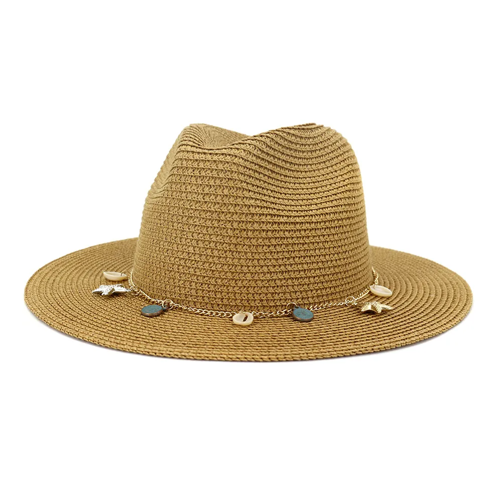 Sombrero Fedora de Paja de Papel de Ala Ancha Unisex Con Cadena de Metal de Concha y Estrella de Mar Sombrero de Sol Jazz de Protección Solar para Mujeres Hombres
