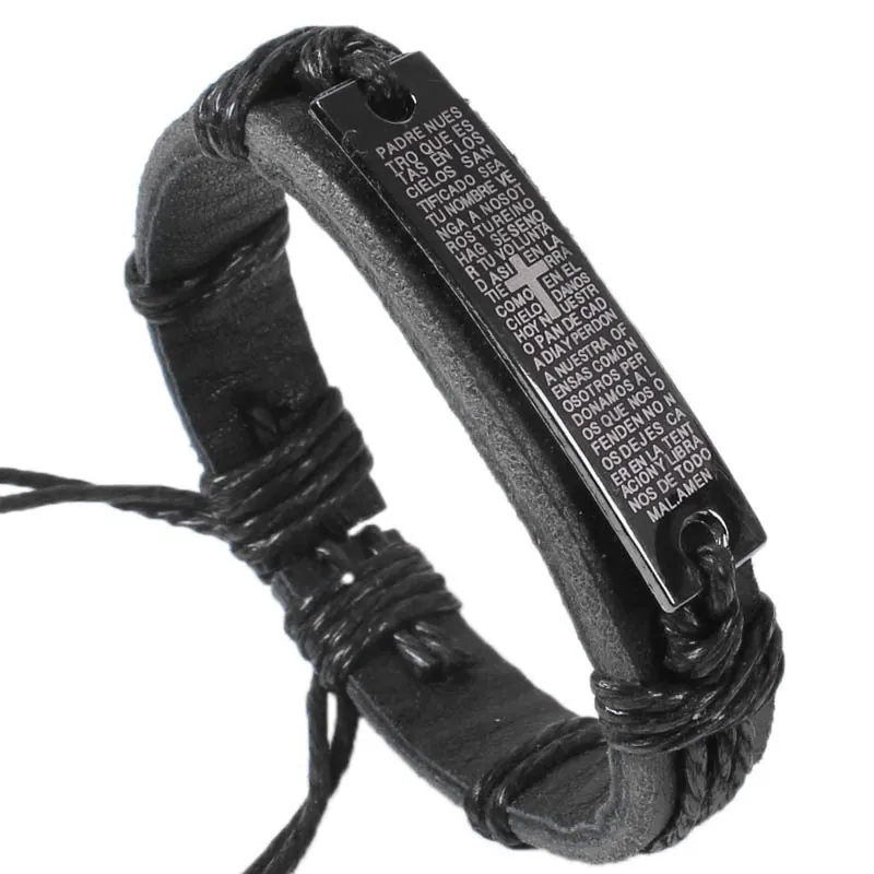 Bracelet En Cuir Tressé À La Main Prière Du Seigneur Espagnol Gravé Croix Plaque Métal Bijoux Religieux Vintage