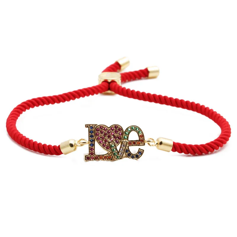 LOVE Herz Buchstaben Armband Kupfer Mikropavé Bunte Zirkonia Verstellbares Regenbogen Seil Kette Schmuck Geschenk Für Frauen