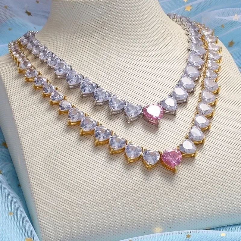 Heart Cubic Zirconia Tennis Necklace Copper Gold Plated Pink Zircon Heart Pendant Romantic Jewelry For Women Gift
