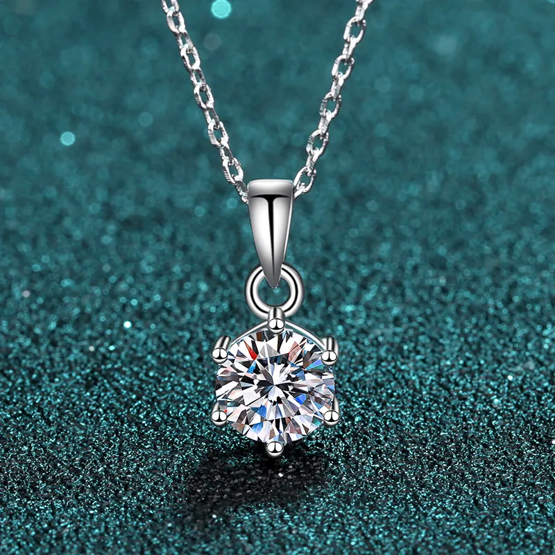 Solitaire Pendant Necklace Round Brilliant Cut Moissanite Six Prong Setting 925 Sterling Silver Elegant Jewelry Women