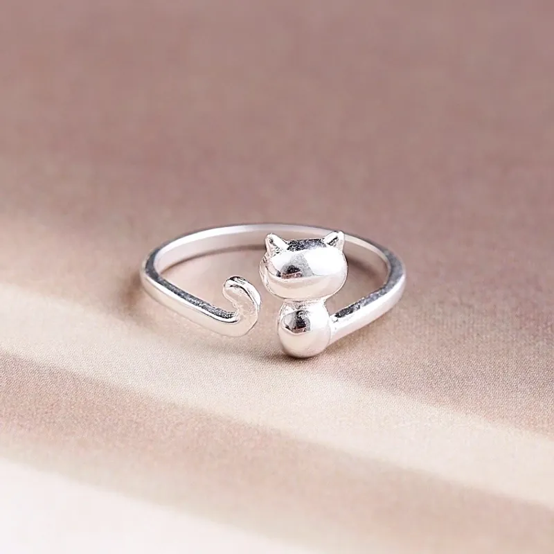 Cute Cat Open Ring Adjustable White Copper Animal Shaped Jewelry For Women Girls Creative Minimalist Finger Ring