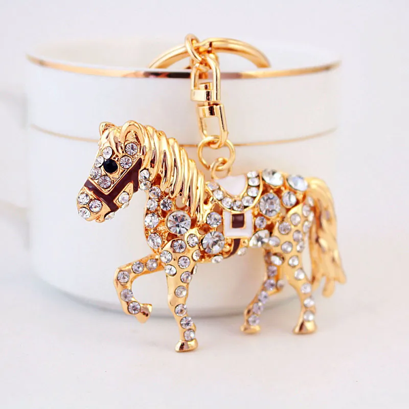 Luxe Cheval Porte-clés Alliage de Zinc Strass Tchèque Pendentif Animal Plaqué Or Émail Charme de Sac Bijoux Accessoires pour Femme