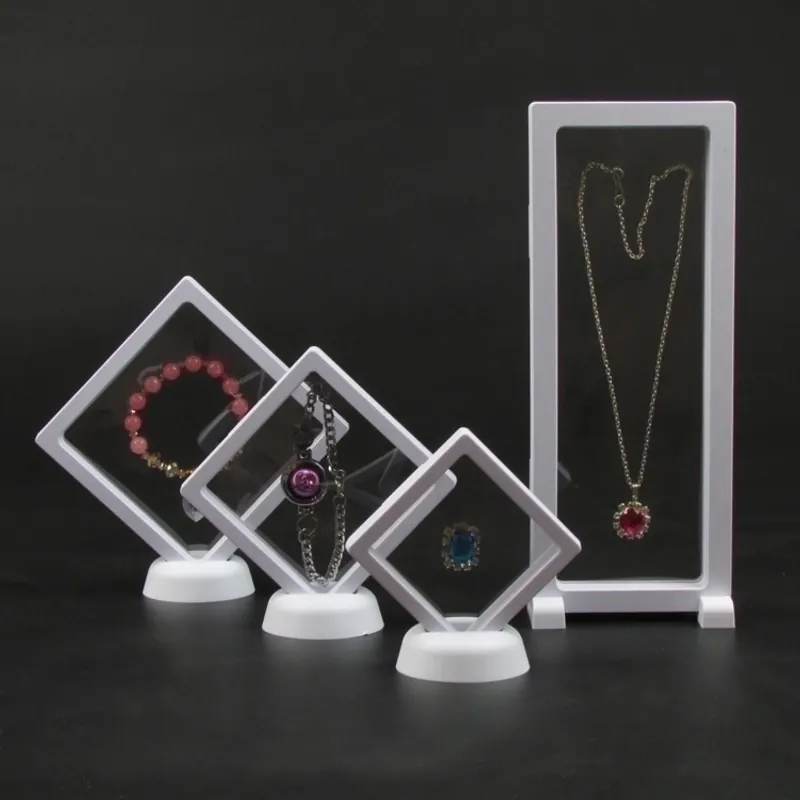 3D Floating Jewelry Display Box PE Film Transparent Frame Anti-Oxidation Storage Case For Rings Necklaces Coins