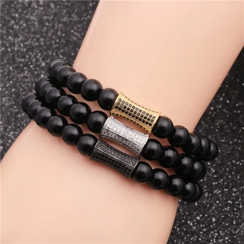 Bracelet Perles Pierre Noire Mate Cuivre Micro Pavé Zircone Charme Couronne Bijoux Luxe Mode Tendance Pour Hommes Femmes