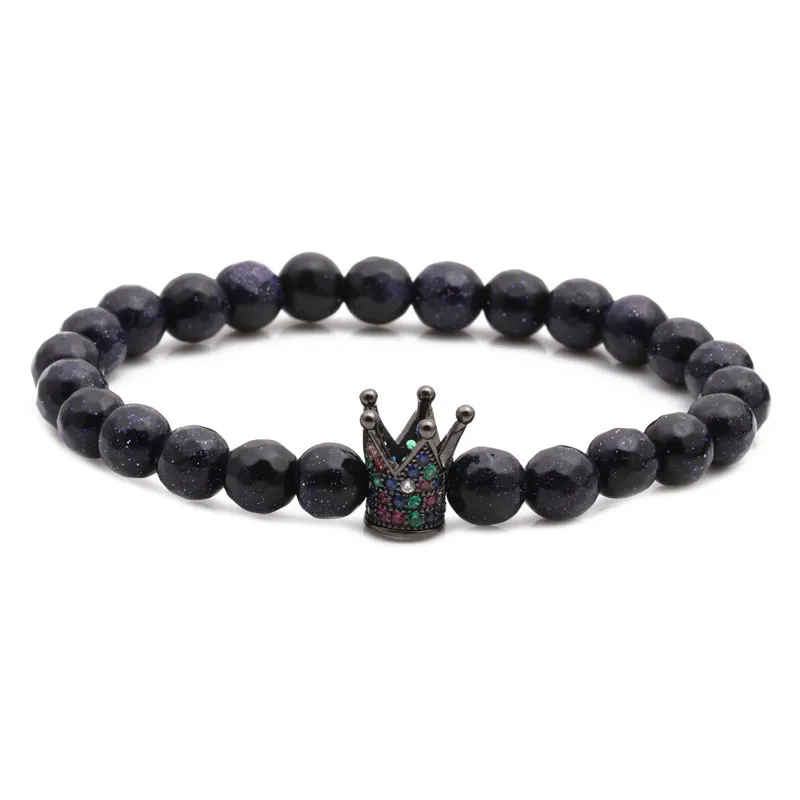 Bracciale di Perle in Pietra di Sabbia Blu Ciondolo a Corona per Uomo Donna Zirconia Lega Corona Intarsiata Bracciale di Pietra Sfaccettata Gioielli