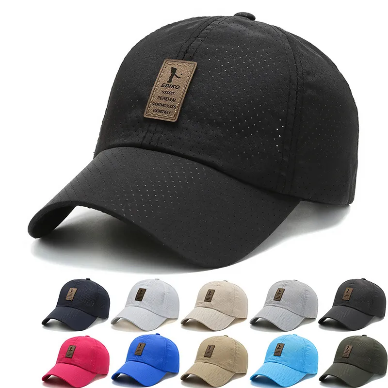 Breathable Mesh Quick Dry Baseball Cap Lightweight Sun Protection Outdoor Sports Adjustable Snapback Hat Leather Patch