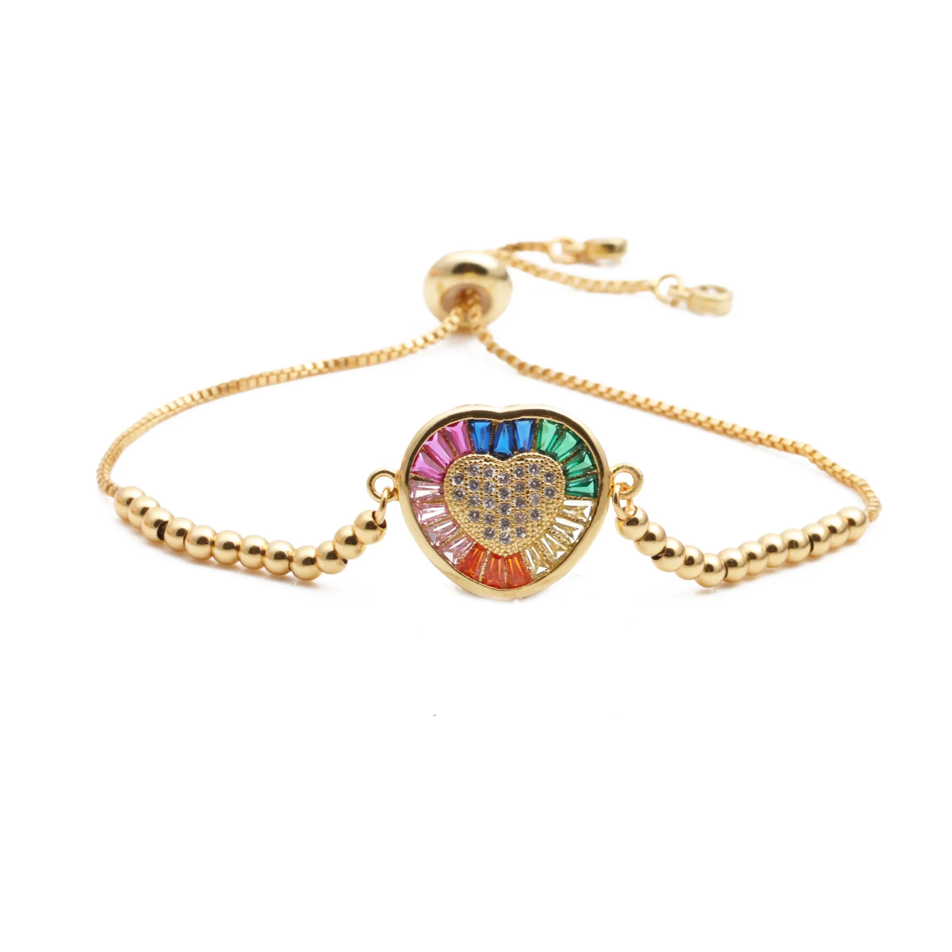 Herz Anhänger Armband Kupfer Mikropavé Zirkon Regenbogen Bunt Verstellbar Bolo Kette Schmuck Geschenk Für Damen
