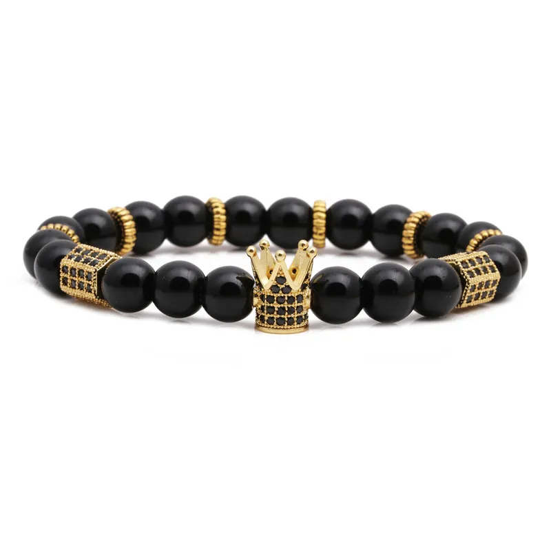 Bracelet En Perles De Pierre Naturelle Oeil De Tigre Obsidienne Avec Couronne En Zircon Corde Tressée Réglable Pour Hommes Femmes