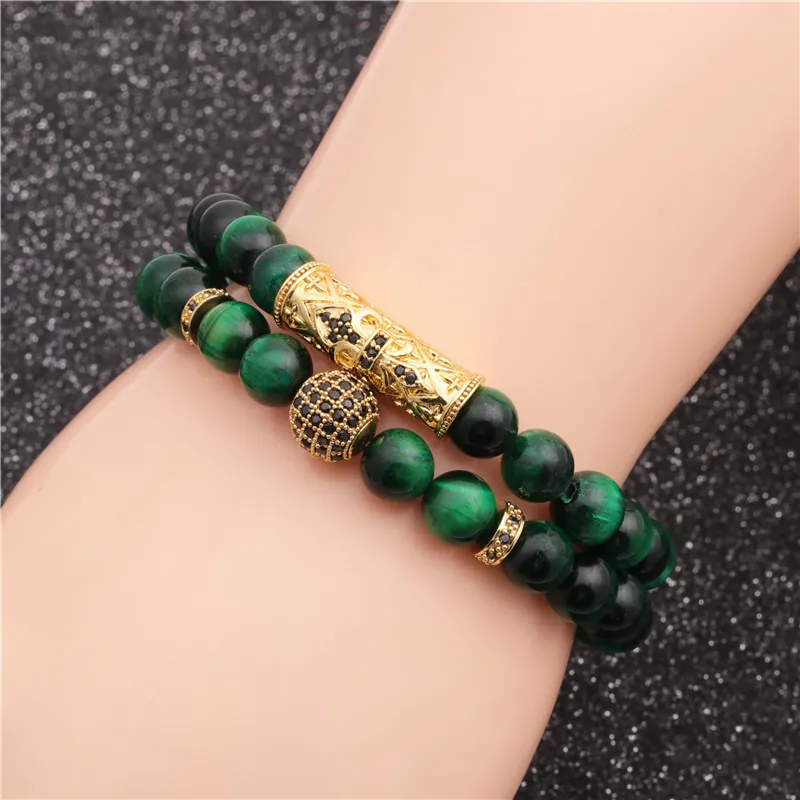 Bracciale Perline Occhio Di Tigre Tubo Curvo Rame Sfera Zircone Croce Gioielli Per Uomo Donna Fashion Boho
