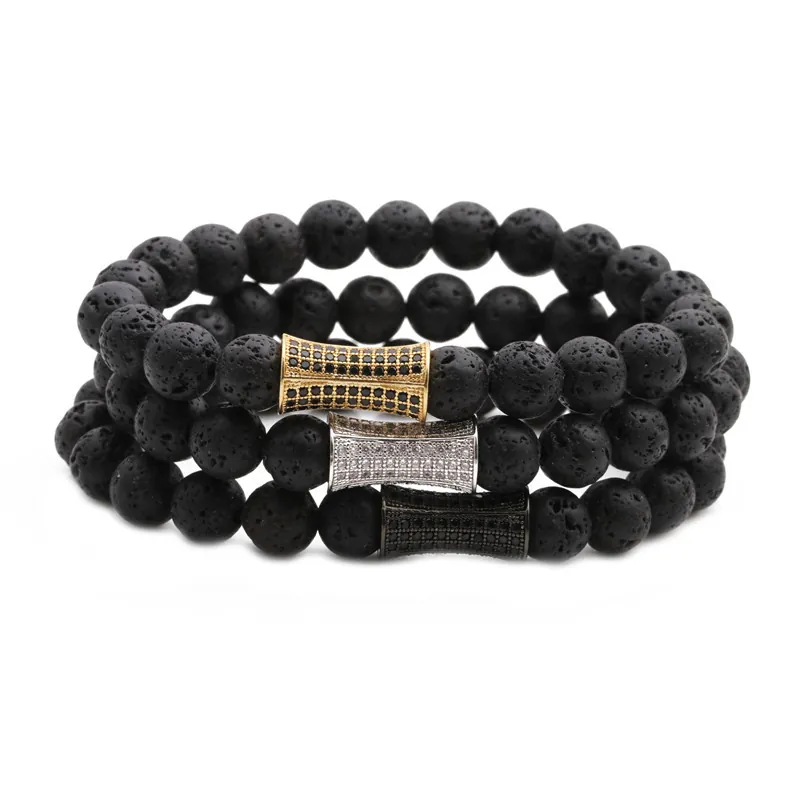 Bracelet En Perles De Pierre De Lave Avec Micro Pavé De Zircon Cylindre En Cuivre Bijoux Élastiques En Pierre Volcanique
