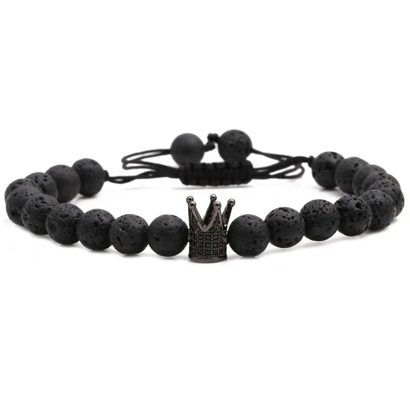 Schwarzer Vulkanstein Perlenarmband Mit Kupferkronen Anhänger Zirkon Verstellbarem Gewebtem Seilschmuck Für Herren Damen
