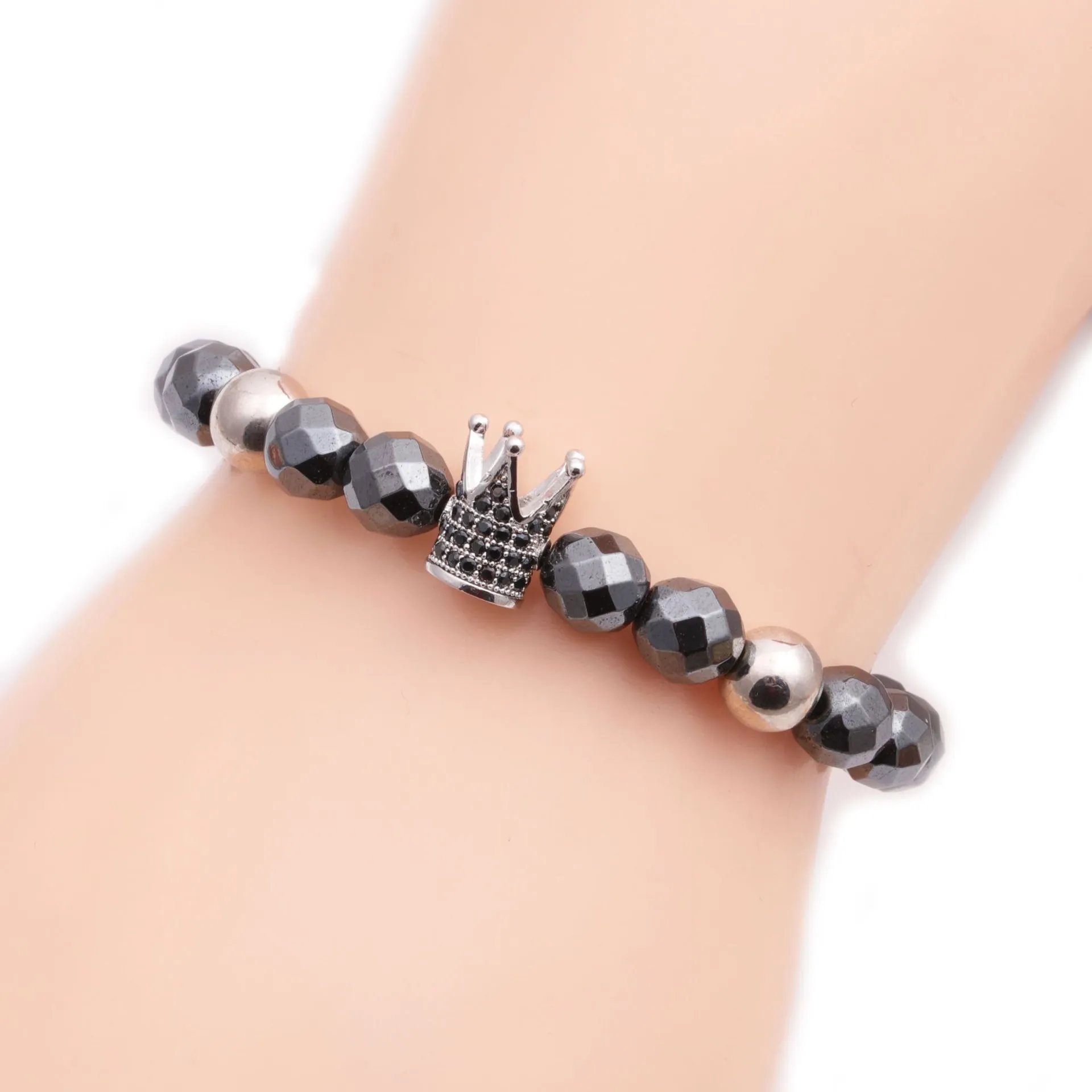 Men Beaded Bracelet Faceted Hematite Natural Stone Elastic Alloy Crown Charm Rhinestone Punk Fashion Jewelry