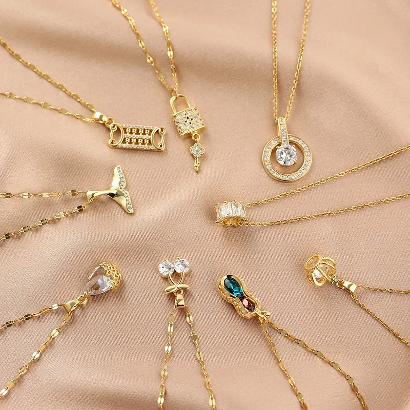 Stainless Steel Necklace Zircon Pendant Elegant Fashion Women Jewelry Multi Style Designs Gold Plated