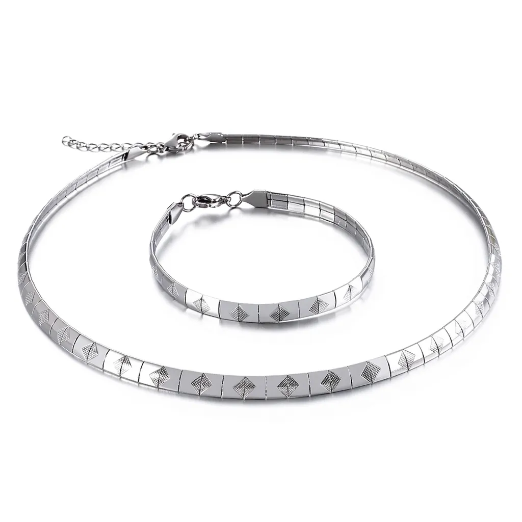 Edelstahl Halskette Und Armband Schmuck Für Damen Geometrisches Rautenmuster Moderner Minimalistischer Stil Silberfarben
