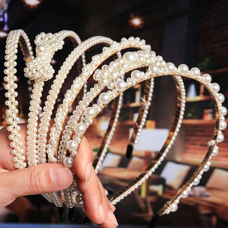 Korean Style Faux Artificial Pearl Headband Elegant Metal Hairband With Rhinestone Flower Bowknot For Women Wedding Sweet Accessory