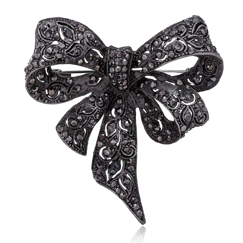 Vintage Alloy Rhinestone Bowknot Brooch For Women Hollow Out Design Black Gunmetal Brooches Pins Banquet Jewelry Gift Accessory