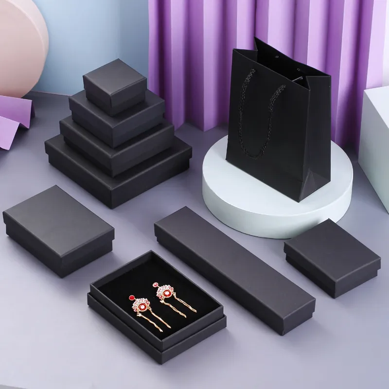 Matte Black Kraft Paper Jewelry Box With Sponge For Ring Necklace Earring Small Gift Packaging Minimalist Lid Base Case