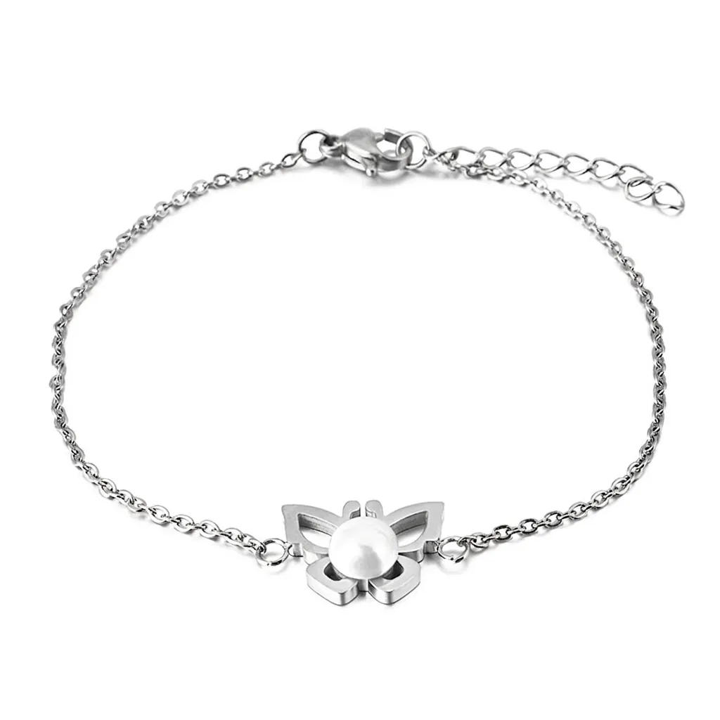 Edelstahl Schmetterling Armband Mit Muschel Künstliche Perle Inlay Hohl Schmetterling Anhänger Elegante Schmuck Für Frauen