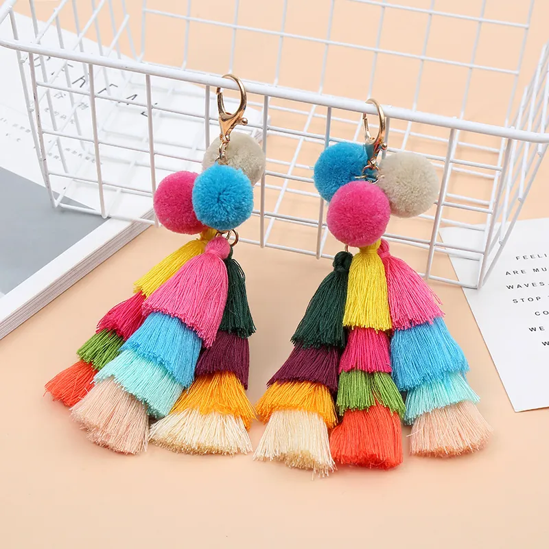 Bohemian Multicolor Tassel Keychain With Plush Pom Poms Gradient Bag Charm Accessory Alloy Lobster Clasp For Women