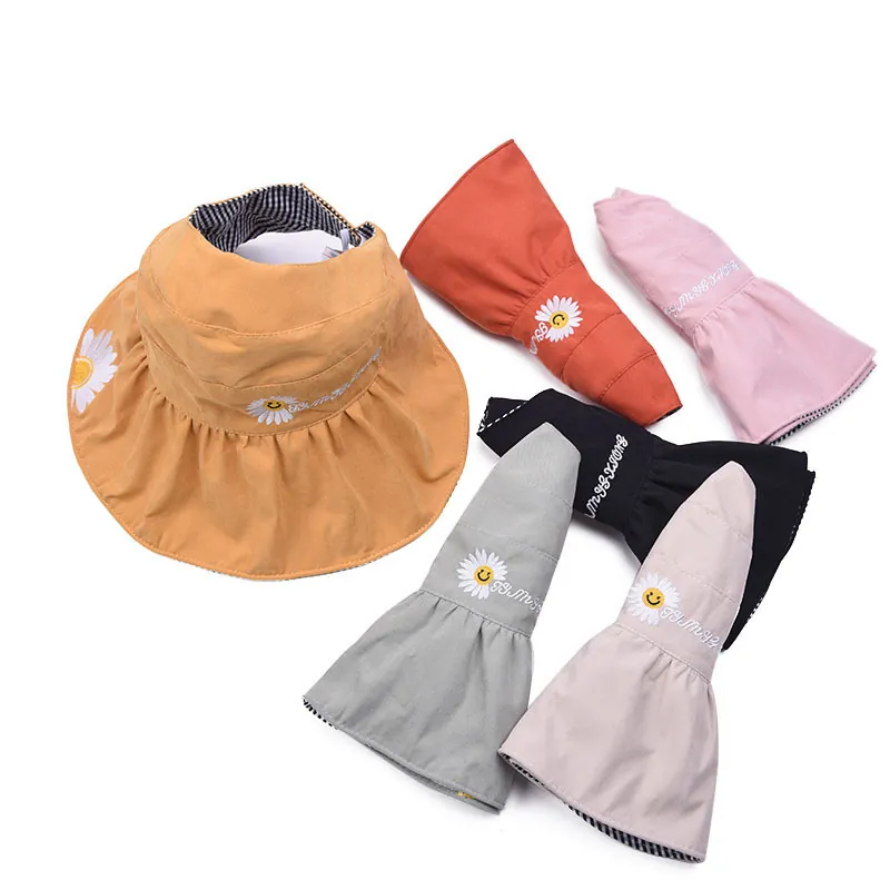 Kids Little Daisy Embroidery Sun Visor Hat Cotton Linen Blend Foldable Wide Brim Sun Protection Hat For Girls