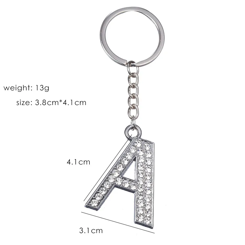 Alloy Rhinestone Initial Alphabet Letter Keychain Shiny Sparkly Silver Color Keyring For Car Bag Charm Fashion Accessory