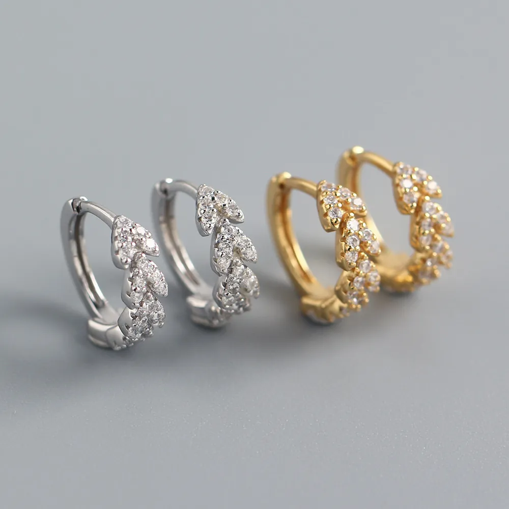 925 Sterling Silver Huggie Hoop Earrings Sparkling Zircon Leaf Shape Elegant Jewelry For Women