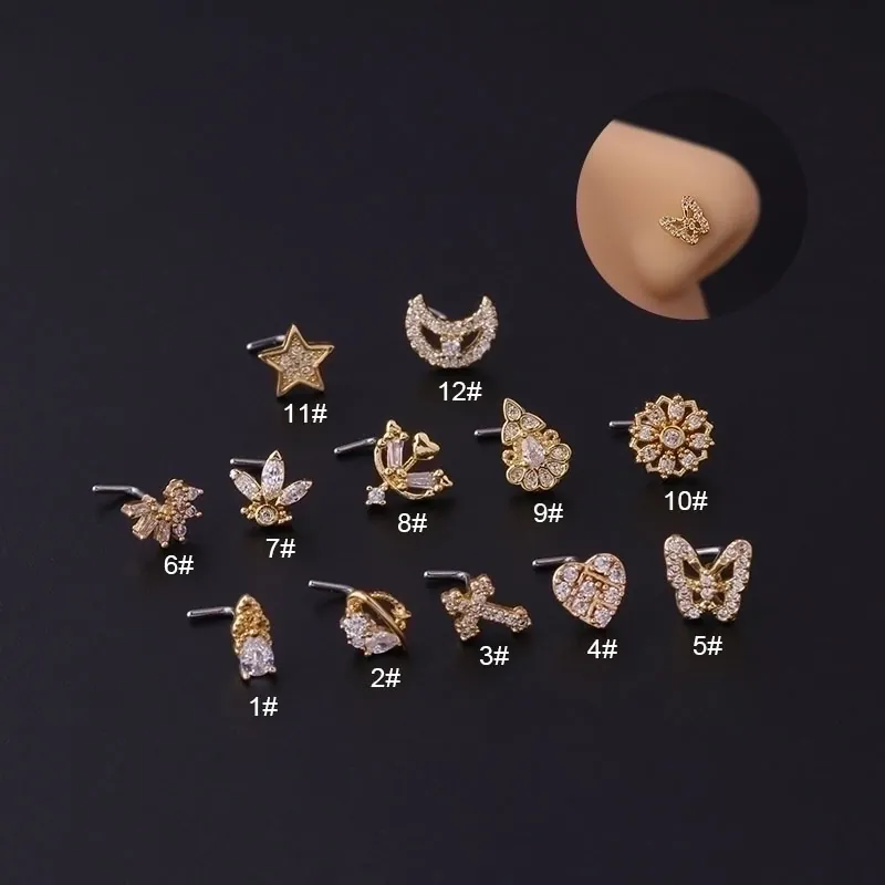 Stainless Steel Copper Zirconia L-Shaped Nose Stud For Women Star Moon Butterfly Flower Heart Body Piercing Jewelry