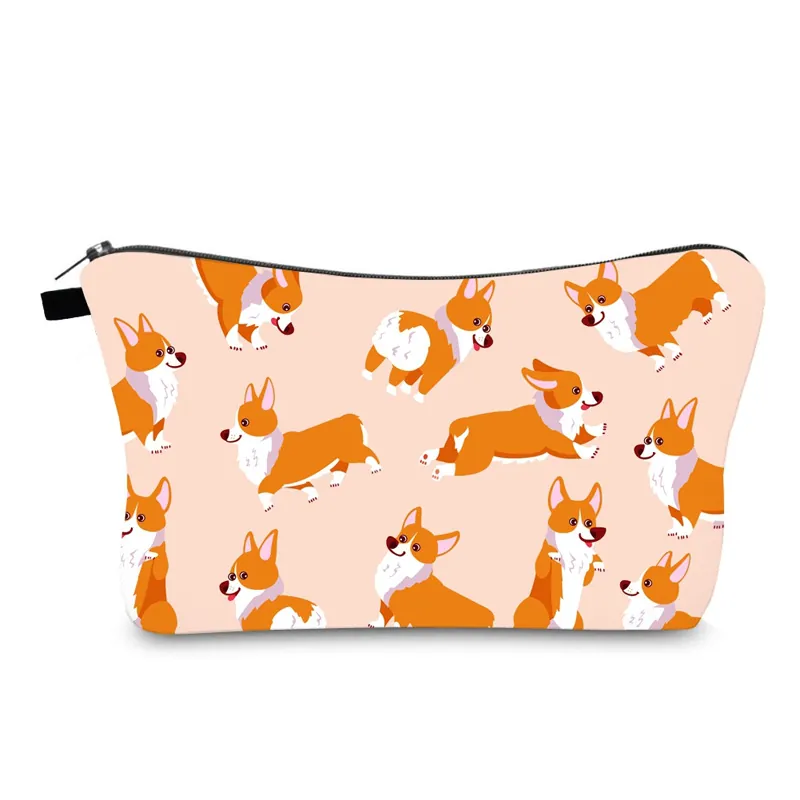 Corgi Dog Print Cosmetic Bag Waterproof Polyester Peach Skin Soft Makeup Pouch Travel Toiletries Storage Organizer Women
