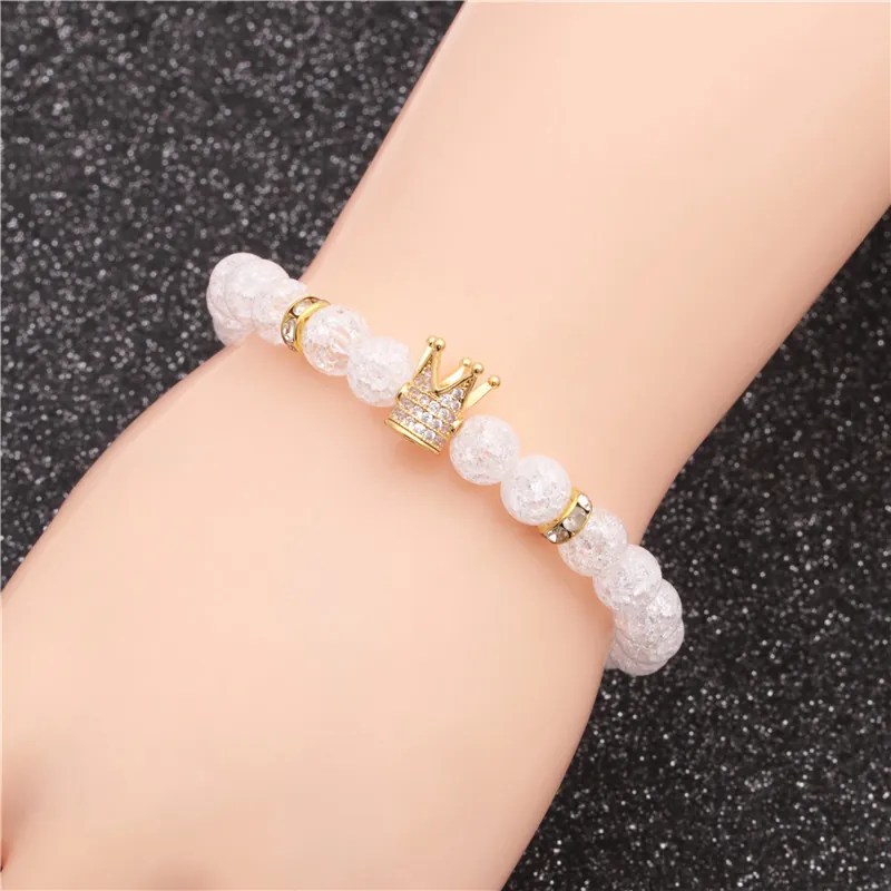 Crackle Glass Beaded Bracelet With Rhinestone Crown Charm Alloy Spacers Fashion Jewelry For Men Women