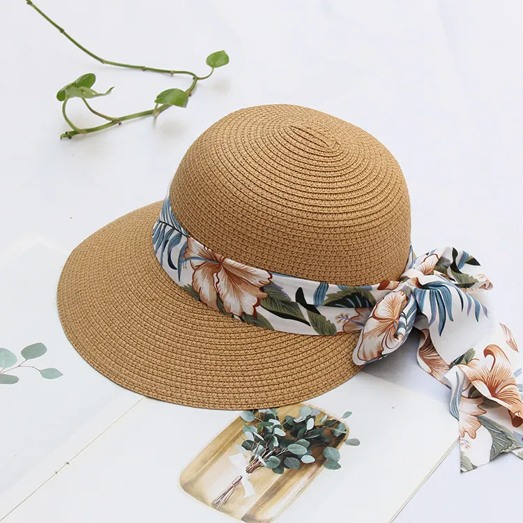 Women Straw Sun Hat With Floral Ribbon Bow Wide Brim Peaked Cap Sun Protection Breathable Foldable Summer Beach Travel