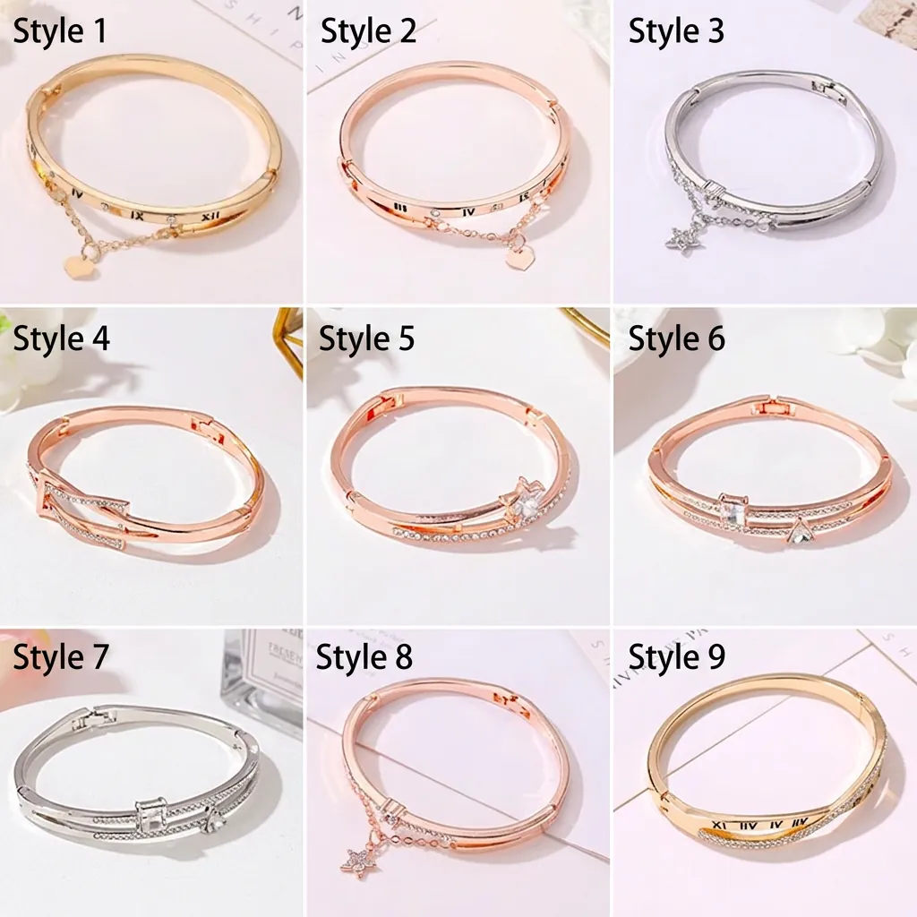 Fashion Alloy Bracelet With Crystal Roman Numerals Heart Star Pendants Elegant Bangle For Women Girls Gift