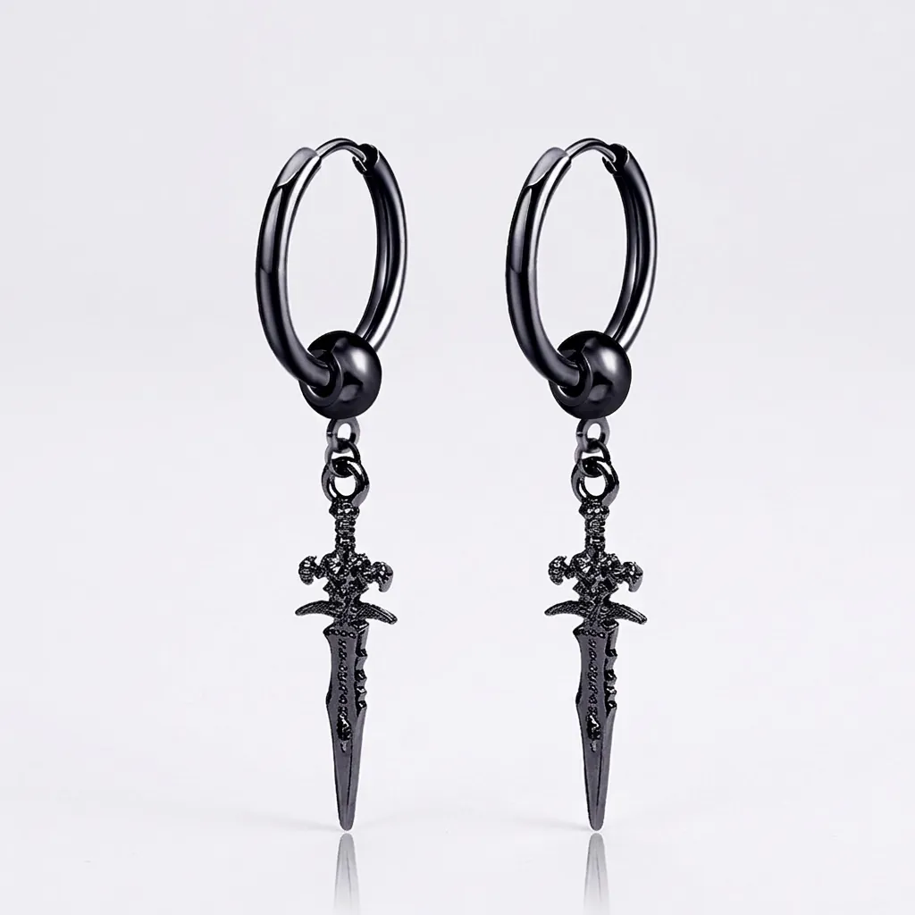 Retro Gothic Punk Sword Dagger Pendant Hoop Earrings Titanium Steel Hip Hop Jewelry For Men Women