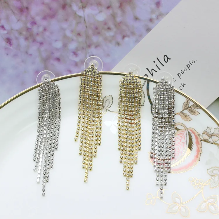 Elegant Copper Long Tassel Drop Earrings With 925 Sterling Silver Earring Post Sparkling Rhinestone Wedding Bridal Jewelry For Women
