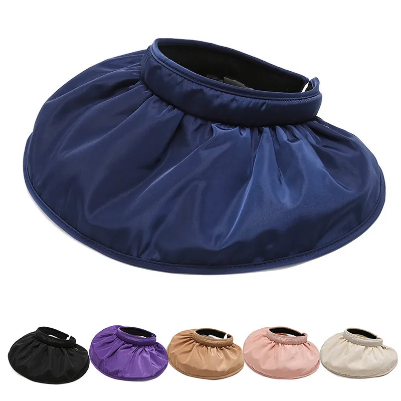 Women Sun Visor Hat Large Brim Pleated Ruched Topless Shell Hat Polyester UV Protection Breathable Summer Beach Outdoor