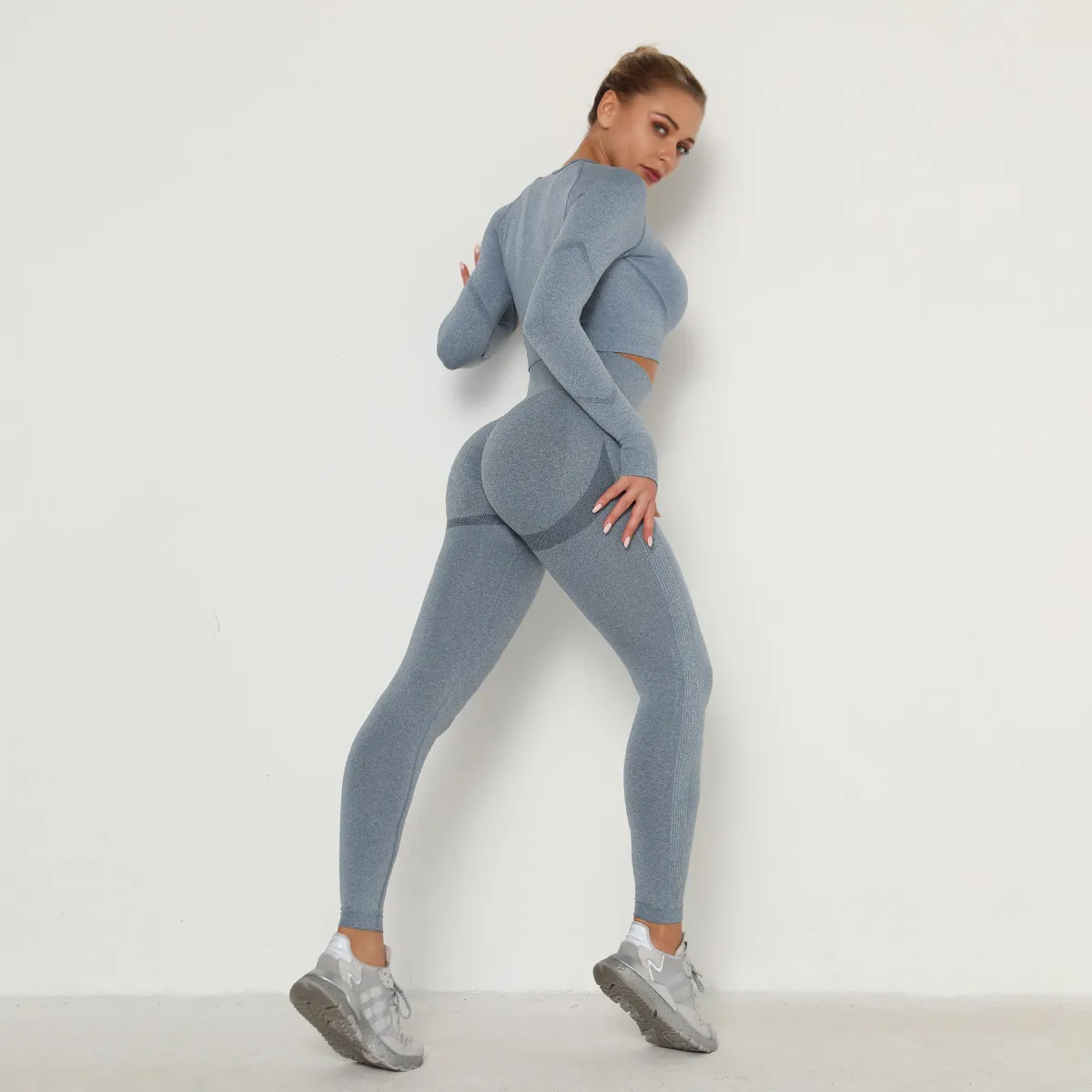 Women Seamless Yoga Top And Bottom High Waist Leggings Long Sleeve Crop Top Sportswear Gym Fitness Workout Ribbed Striped