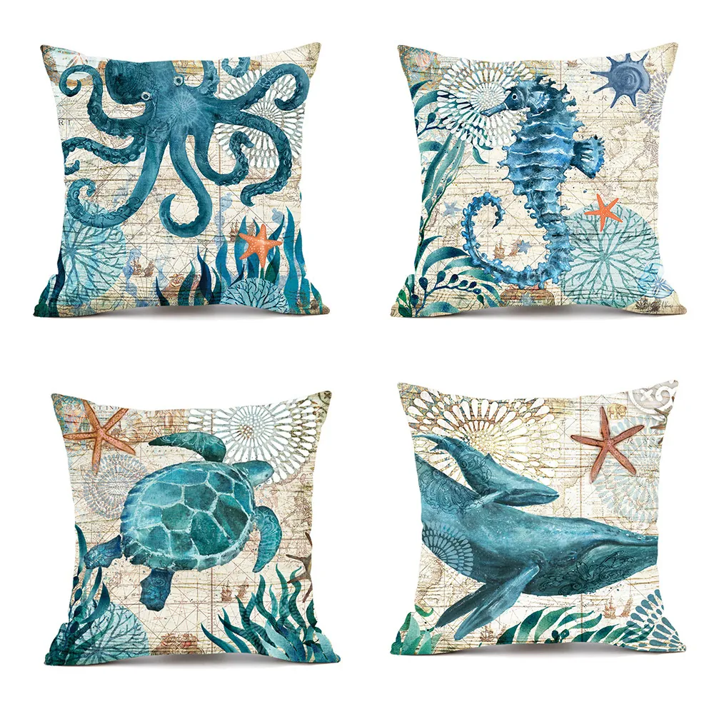 Decorative Pillow Covers Linen Ocean Life Watercolor Nautical Map Style For Sofa Living Room Square Invisible Zipper