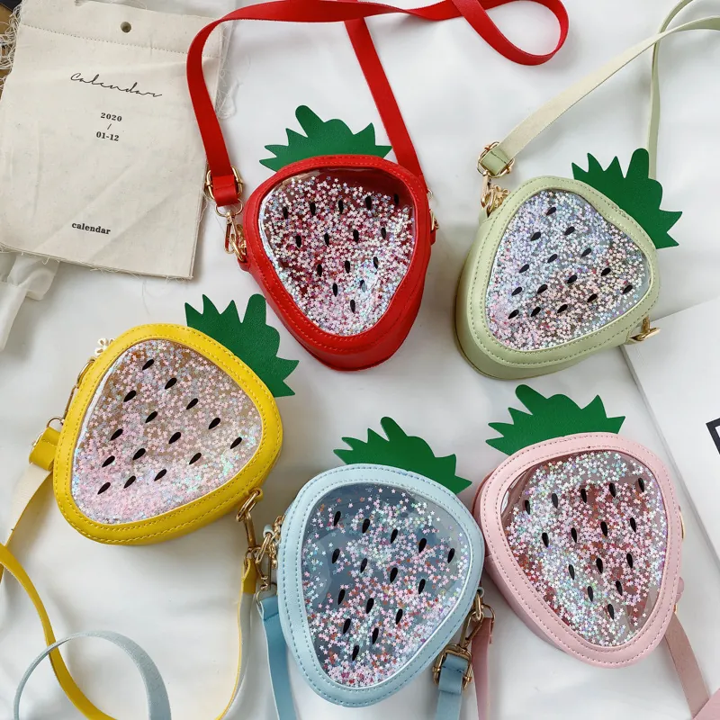 Strawberry Shape Kids Crossbody Bag PU Leather Shiny Floating Star Sequin Colorful Cartoon Shoulder Purse For Little Girls